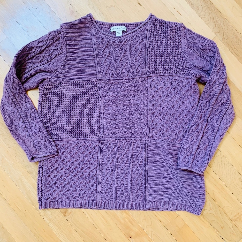 Coldwater Creek Purple Knit Patchwork Cable Sweater, Size Large
